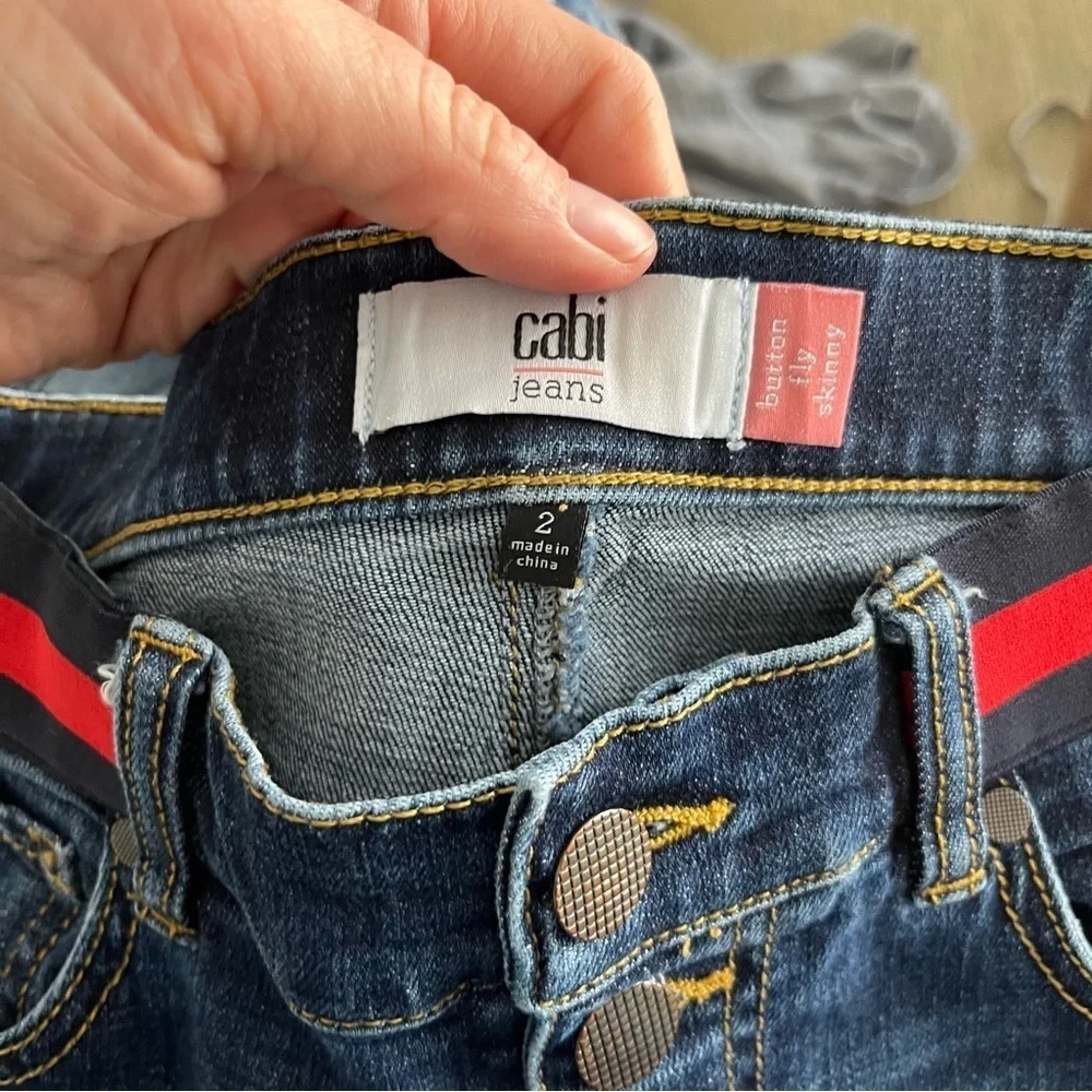 CAbi Jeans Women's 2 Simone Skinny Dark Wash Button Fly Tennis Prep Rugby Stripe